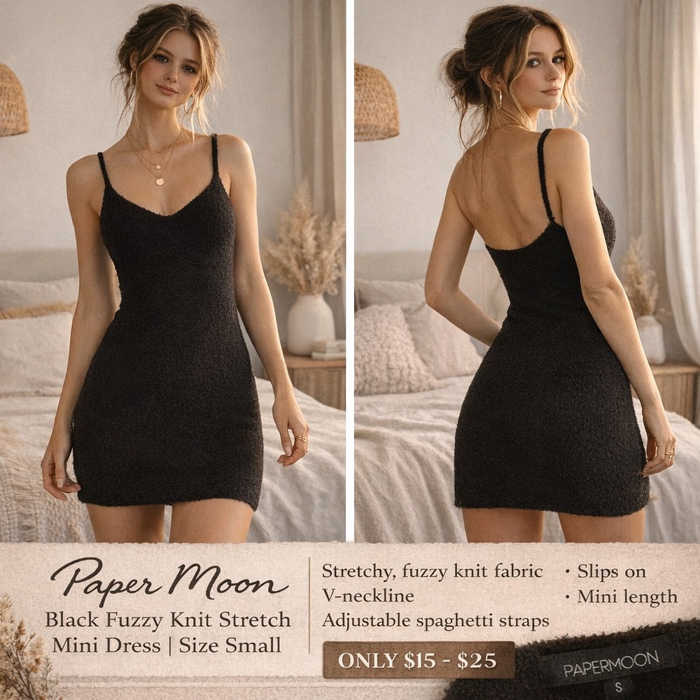 Paper Moon Black Fuzzy Knit Mini Dress Size S Soft Stretch Bodycon